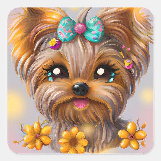 Cute Yorkie Kawaii Puppy Vierkante Sticker (Voorkant)