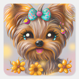Cute Yorkie Kawaii Puppy Vierkante Sticker