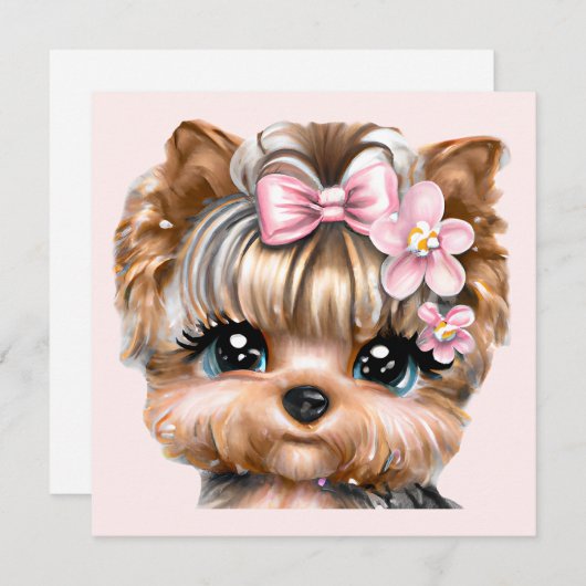 Cute Yorkie met een roze bus Feestdagenkaart (Voorkant / Achterkant)