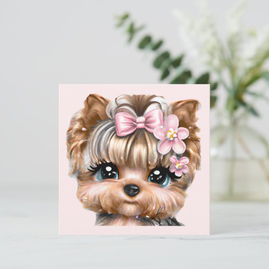 Cute Yorkie met een roze bus Feestdagenkaart (Staand voorkant)