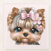 Cute Yorkie met een roze bus Glazen Onderzetter (Voorkant)