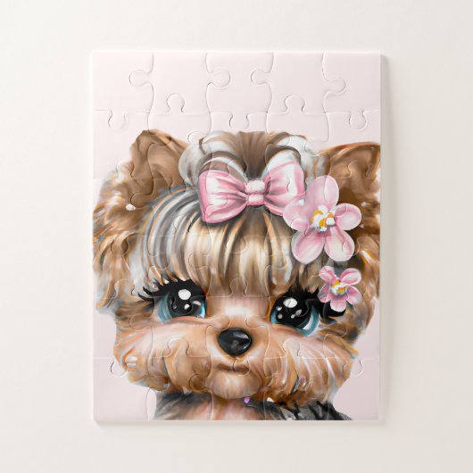 Cute Yorkie met een roze bus Legpuzzel (Verticaal)