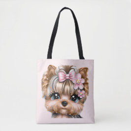 Cute Yorkie met een roze bus Tote Bag