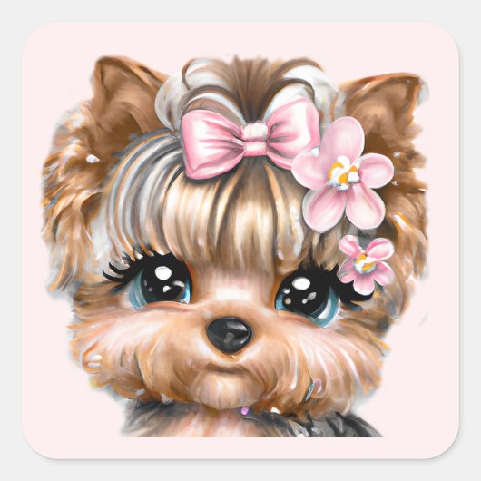 Cute Yorkie met een roze bus Vierkante Sticker (Voorkant)