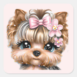 Cute Yorkie met een roze bus Vierkante Sticker