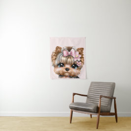 Cute Yorkie met een roze bus Wandkleed