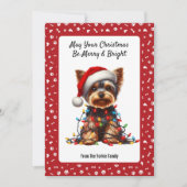 Cute Yorkie On Santa Hat And Christmas Light  Feestdagenkaart (Voorkant)