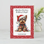 Cute Yorkie On Santa Hat And Christmas Light  Feestdagenkaart (Staand voorkant)