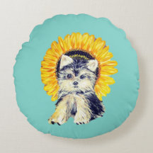 Cute Yorkie Puppy Dog & Sunflower op Blauwgroen