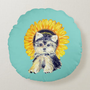 Cute Yorkie Puppy Dog & Sunflower op Blauwgroen Rond Kussen