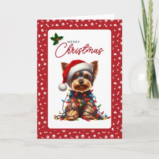 Cute Yorkie Santa Hat & Christmas Lights Folded Feestdagen Kaart (Voorkant)