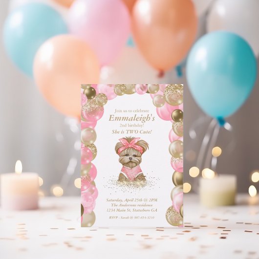 Cute Yorkie Two Cute Balloon Birthday Party Kaart