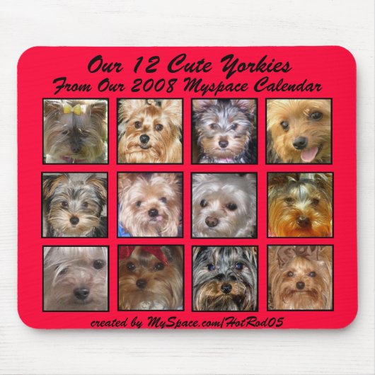 CUTE YORKIES 2008 CALENDAR (op een mousepad) RED Muismat (Voorkant)
