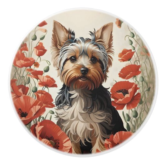 Cute Yorkshire Terrier Botanical Red Poppies Keramische Knop (Voorkant)