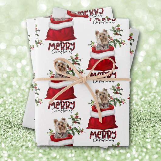 Cute Yorkshire Terrier Dog in Holiday Gift Bag Inpakpapier Vel