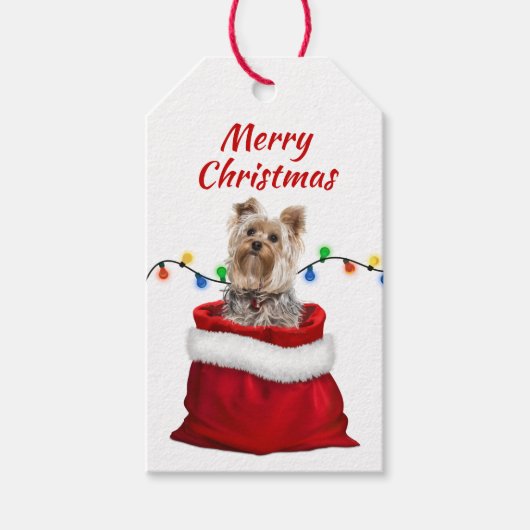 Cute Yorkshire Terrier Dog in Santa Bag Cadeaulabel (Voorkant)