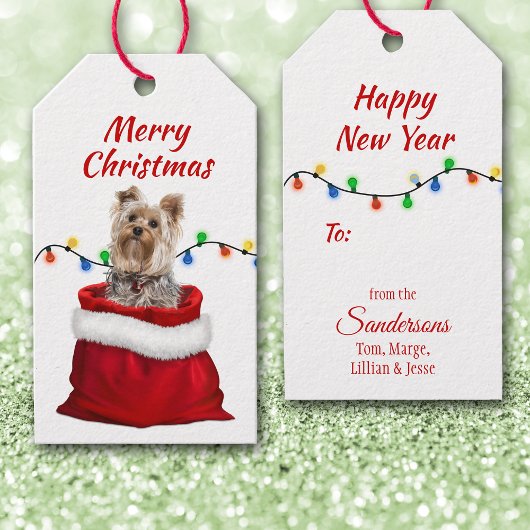 Cute Yorkshire Terrier Dog in Santa Bag Cadeaulabel