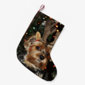 Cute Yorkshire Terrier met Reindeer Antlers Kleine Kerstsok (Voorkant (Hangend))