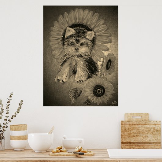 Cute Yorkshire Terrier met zonnebloemen Poster (Keuken)