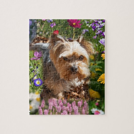 Cute Yorkshire Terrier Puppy & Colorful Flowers Legpuzzel (Verticaal)