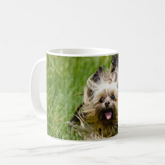 Cute Yorkshire Terrier Running Through Grass Koffiemok (Voorkant links)