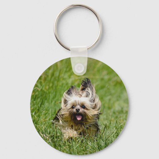 Cute Yorkshire Terrier Running Through Grass Sleutelhanger (Voorkant)