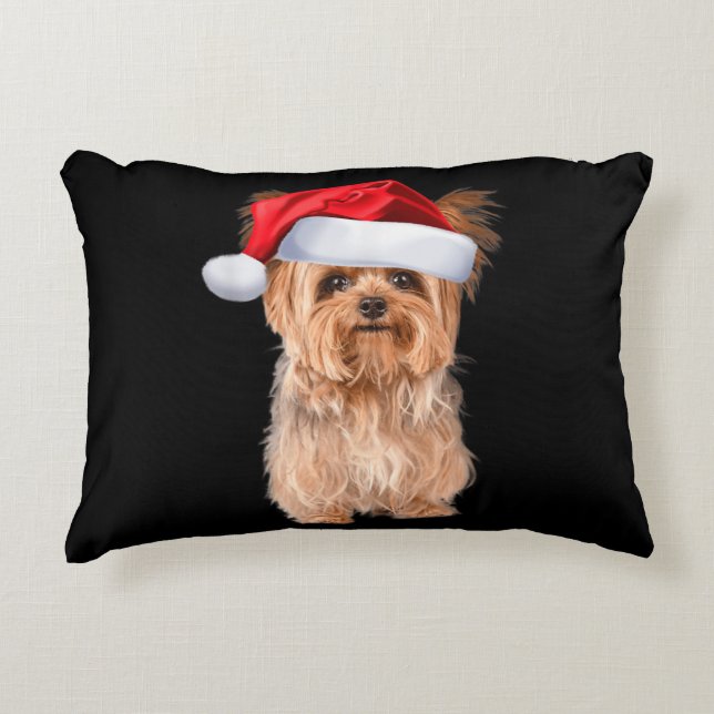 Cute Yorkshire Terrier Santa Puppy kerst Accent Kussen (Voorkant)