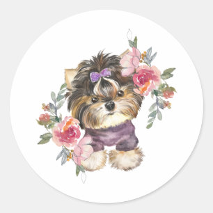 Cute Yorkshire Terrier Yorkie en Flowers Art Ronde Sticker