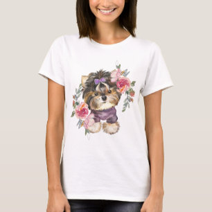 Cute Yorkshire Terrier Yorkie en Flowers Art T-shirt