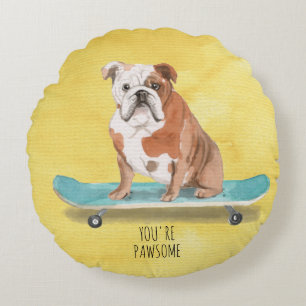 Cute You are Pawsome Skateboarding English Bulldog Rond Kussen