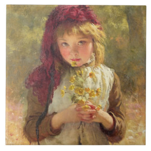 Cute Young Girl Holding Yellow Buttercup Flowers Tegeltje