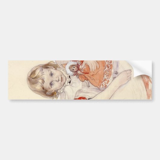 Cute Young Girl met een Doll (Kunst voor kinderen) Bumpersticker (Voorkant)