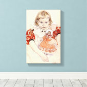 Cute Young Girl met een Doll (Kunst voor kinderen) Canvas Afdruk (Insitu (Houten vloer))