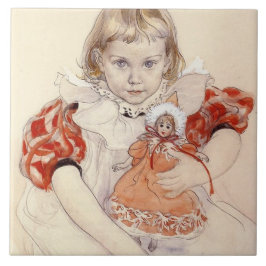 Cute Young Girl met een Doll (Kunst voor kinderen) Tegeltje