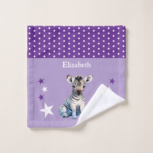 Cute zebra add name polka dots stars purple washandje (Wasdoekje)