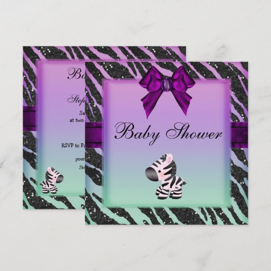 Cute Zebra & Animal Print Glitter Baby shower Kaart (Voorkant / Achterkant)