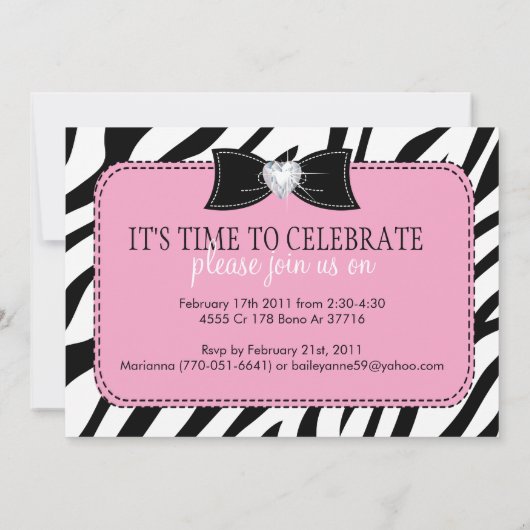 Cute Zebra Birthday Party Invitation Kaart (Achterkant)