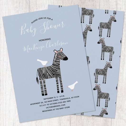 Cute Zebra Blue Baby shower Invitation Kaart