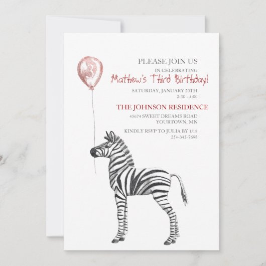 Cute Zebra Boy's Third Birthday Party Invitation Kaart (Voorkant)