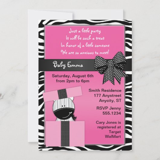 Cute Zebra Cadeau Baby shower Invitation Kaart (Voorkant)