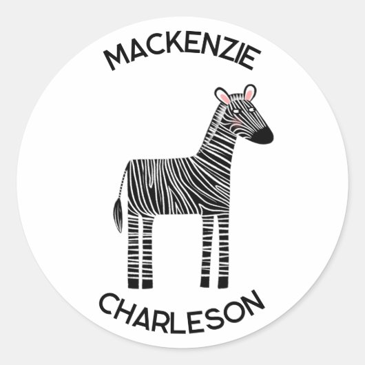 Cute Zebra Custom Name Classic Round Sticker (Voorkant)
