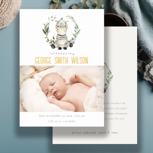 Cute Zebra Foliage WreatPhoto Birth Announance Bedankkaart