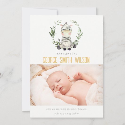 Cute Zebra Foliage WreatPhoto Birth Announance Bedankkaart (Voorkant)