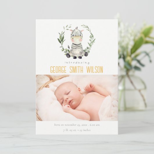Cute Zebra Foliage WreatPhoto Birth Announance Bedankkaart (Staand voorkant)