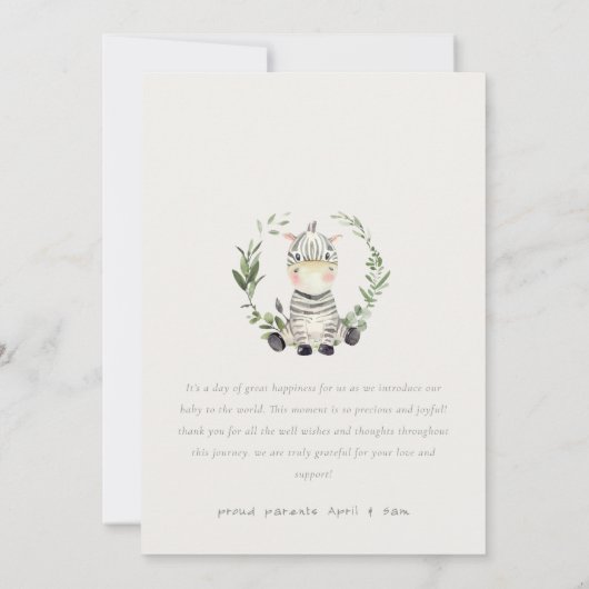 Cute Zebra Foliage WreatPhoto Birth Announance Bedankkaart (Achterkant)