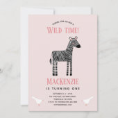Cute Zebra Girl 1st Birthday Party Invitation Kaart (Voorkant)
