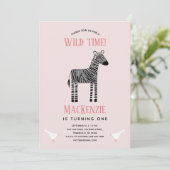 Cute Zebra Girl 1st Birthday Party Invitation Kaart (Staand voorkant)