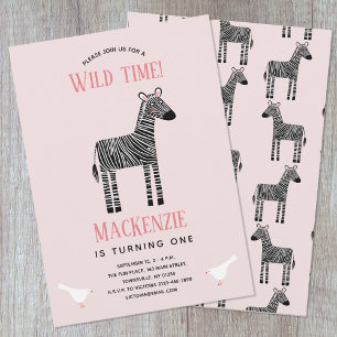 Cute Zebra Girl 1st Birthday Party Invitation Kaart
