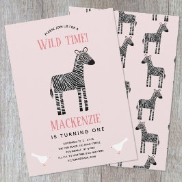 Cute Zebra Girl 1st Birthday Party Invitation Kaart
