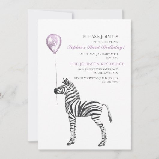 Cute Zebra Girl's Third Birthday Party Invitation Kaart (Voorkant)